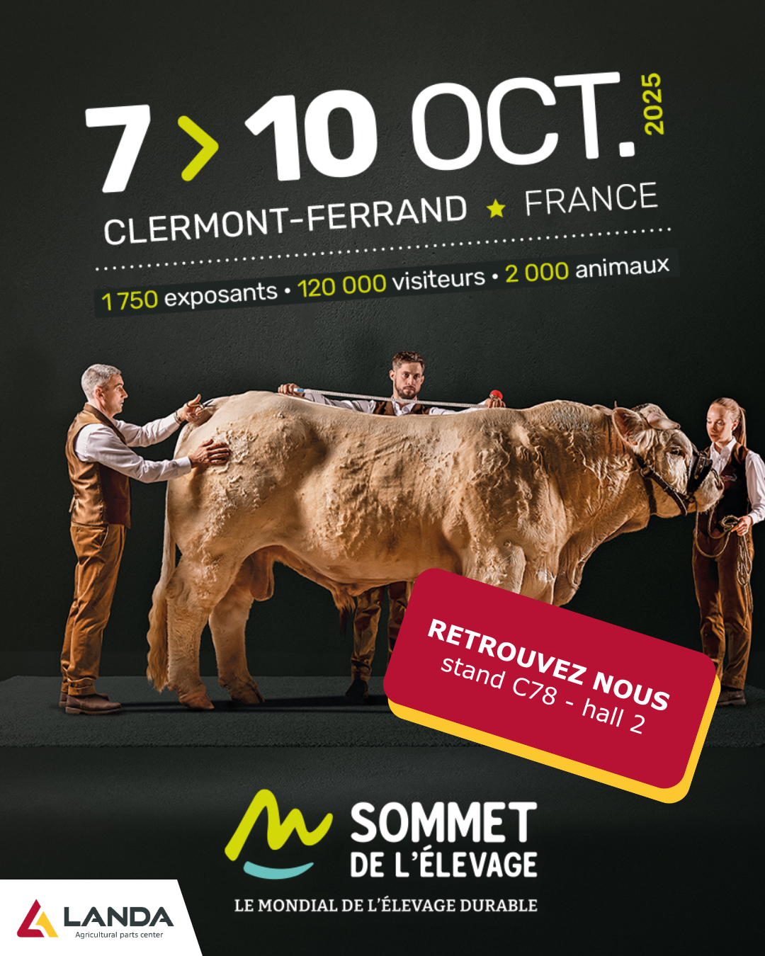 Poster for the Sommet de l’Élevage 2025 in Clermont-Ferrand with LANDA stand C78 Hall 2